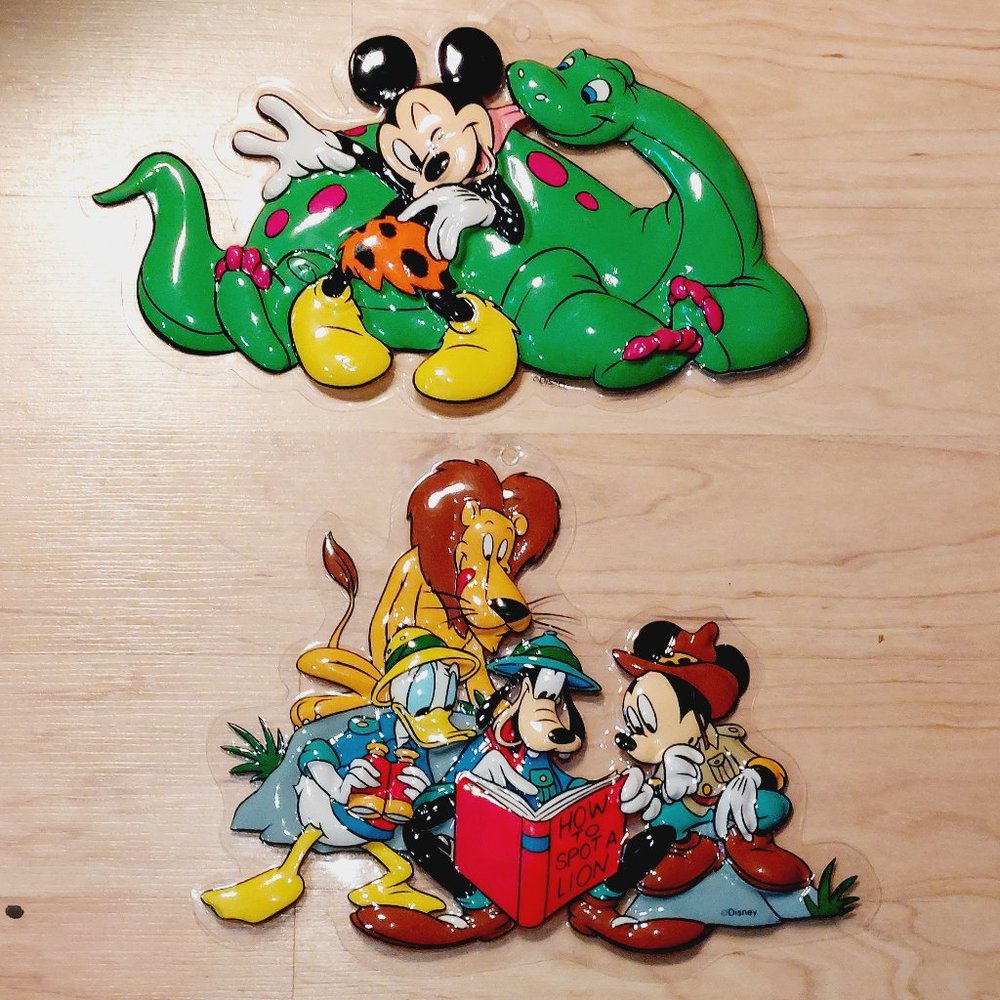 Vtg Disney 3D Molded Plastic Wall Hanging Mickey & Dinosaur & Safari Mickey